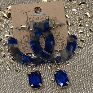 10 Blue Round Crystal Dangle Gold Earrings